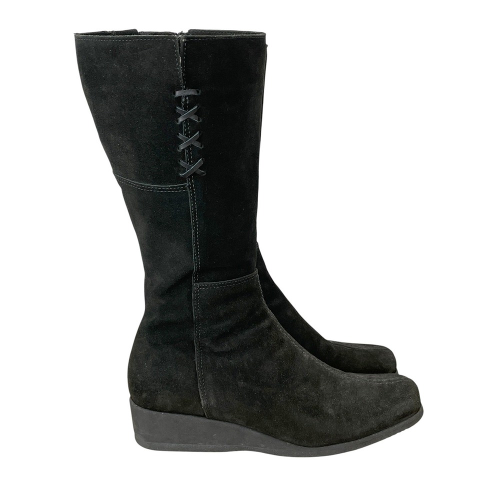 La Canadienne Black Suede Tall Wedge Boots Womens 9 Leather Lace Up Minimalist - Picture 3 of 9